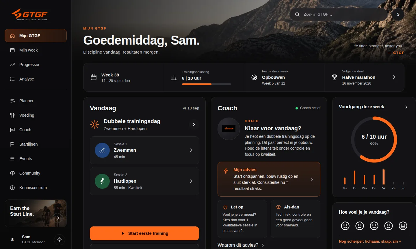 Voorbeeld van Mijn GTGF: training van vandaag, coachadvies en voortgang van de week in één scherm.